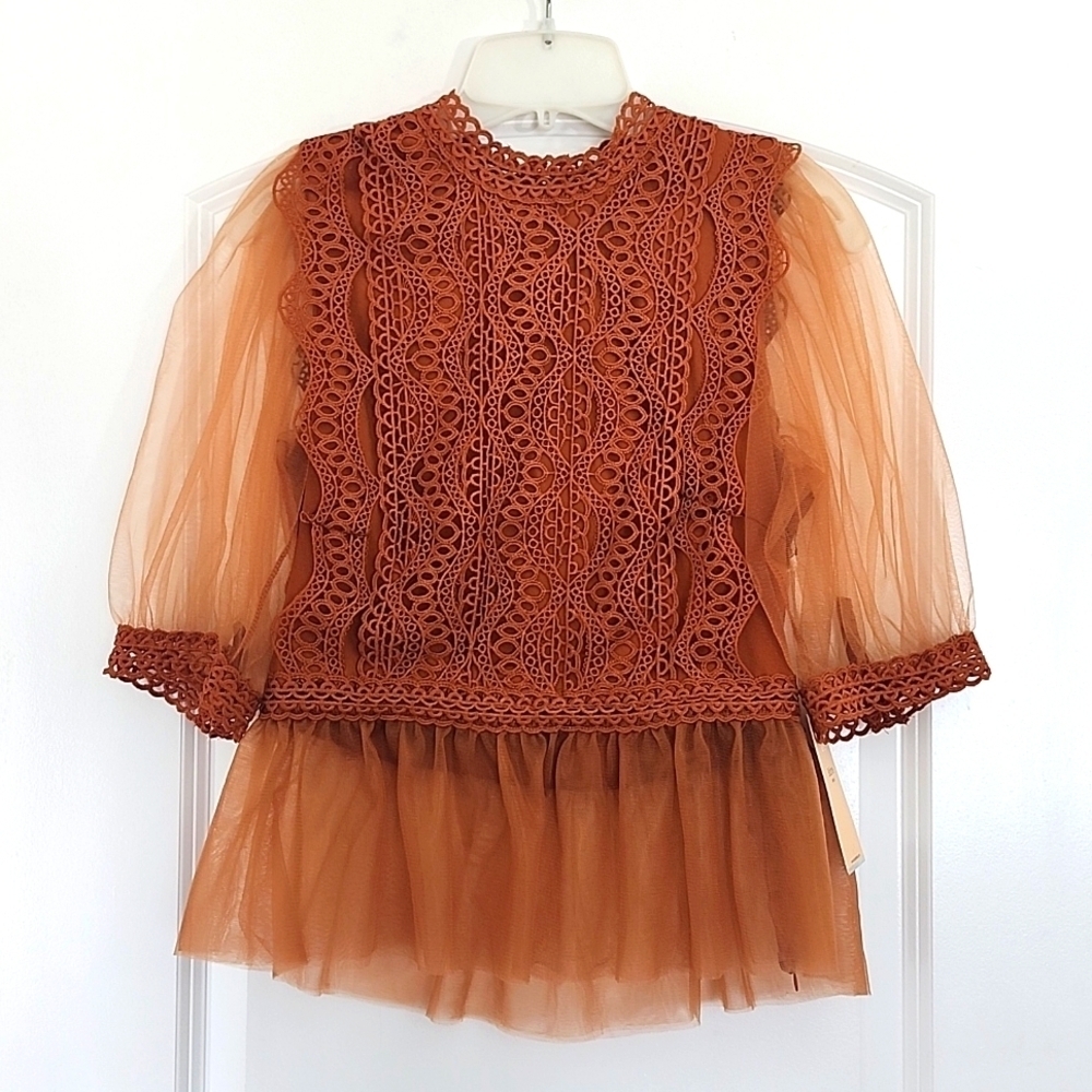 Elegant Lace and Tulle Women's Top - Rust